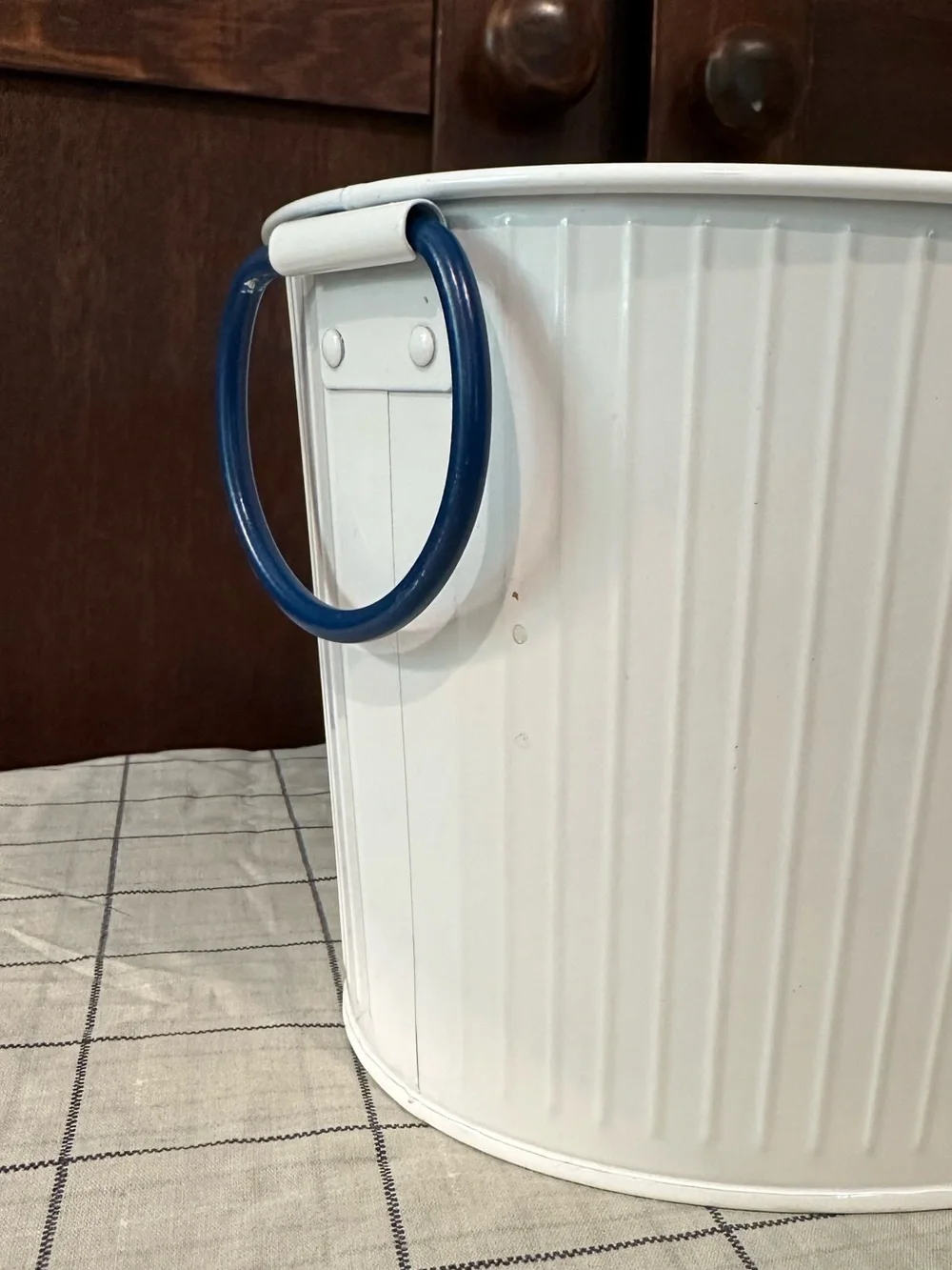 Galvanized • white bucket • Navy blue handles